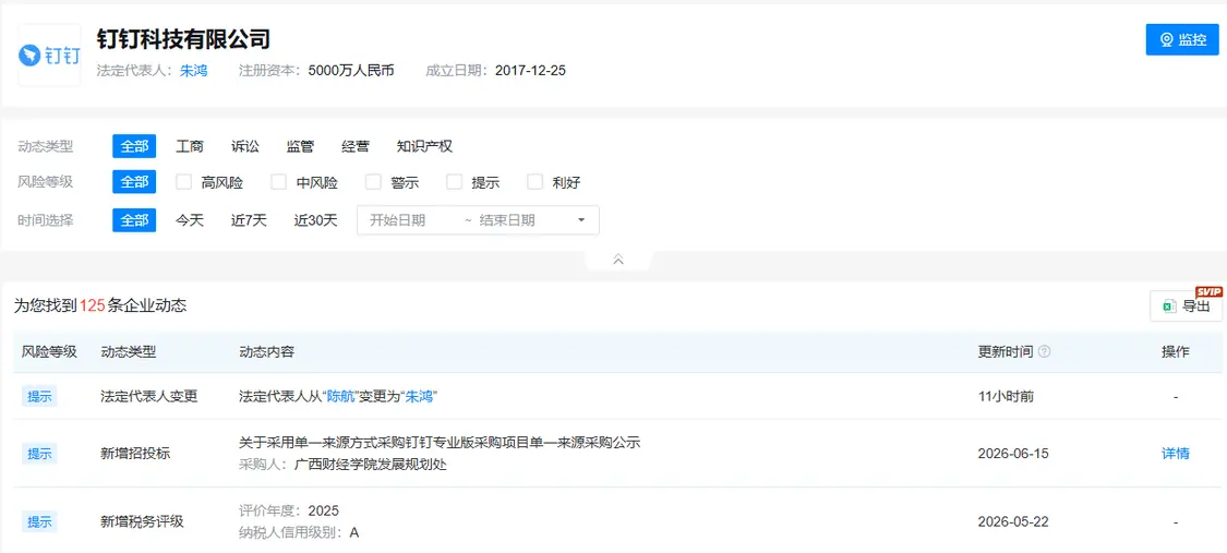 钉钉前CEO陈航卸任公司法定代表人及董事，由朱鸿接任
